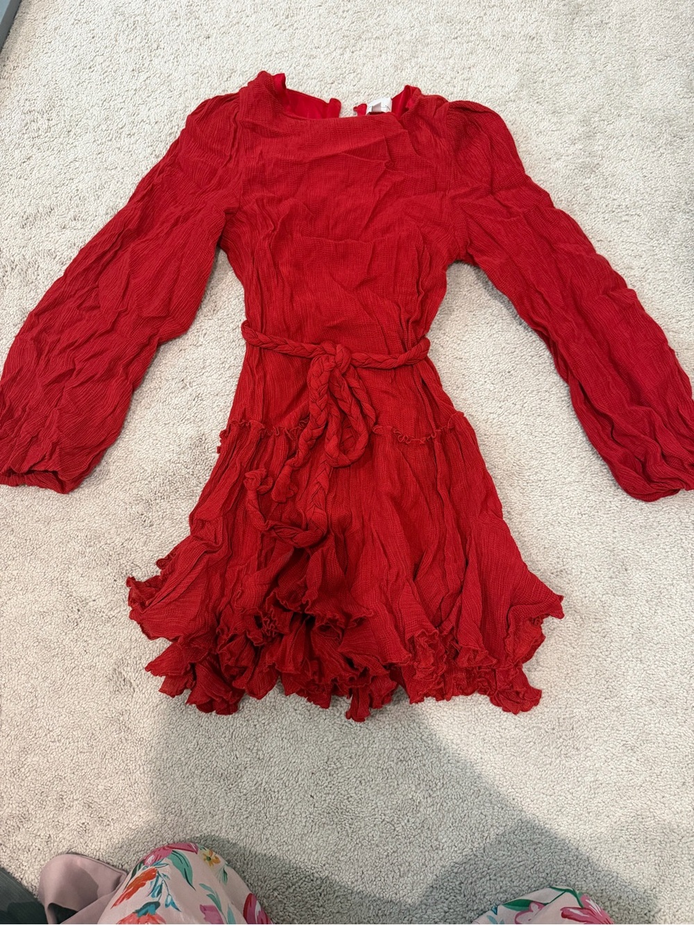 Red Crinkled Long Sleeve Ruffled Mini Dress